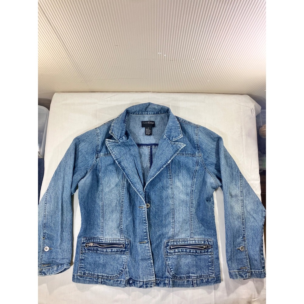 Outer Edge Women‎ 1X Blue Denim Jean Blazer Jacket Button Front Zip Pockets